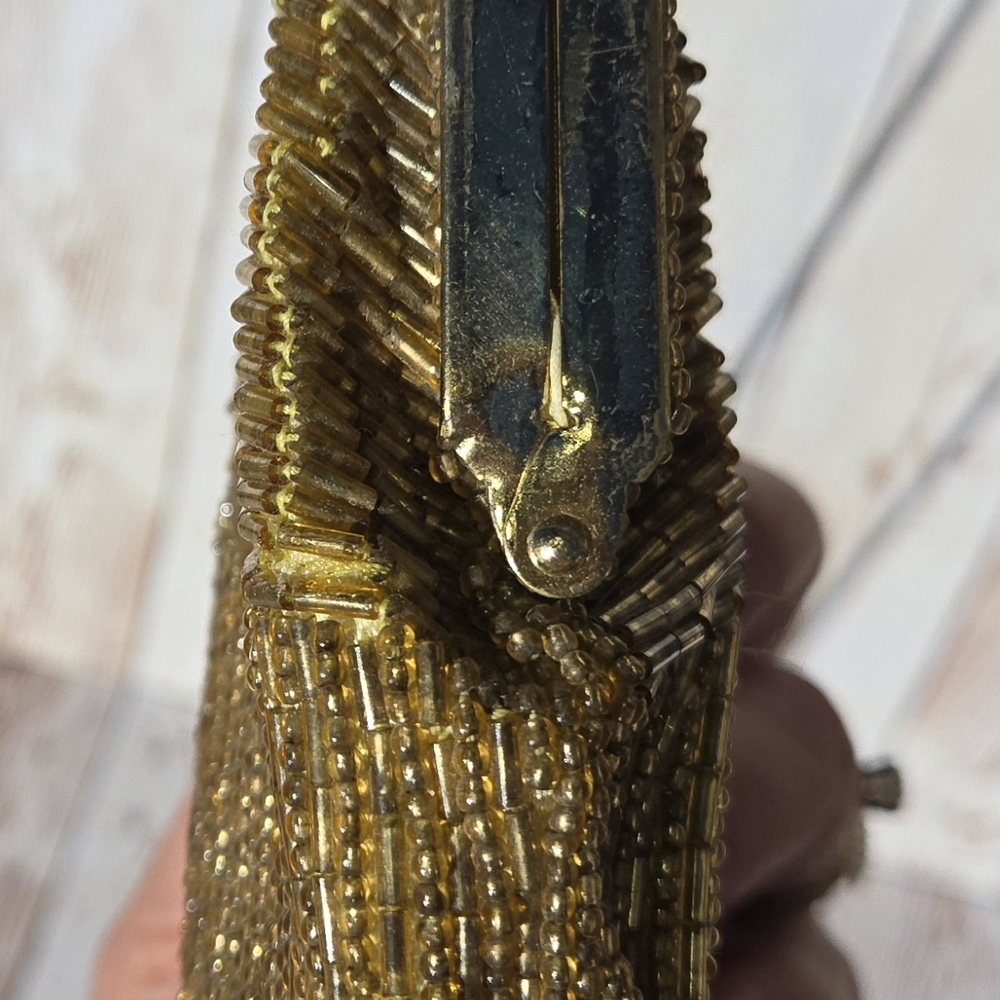 Vintage Gold Amber Beaded Evening Bag Clutch w/ Chain Strap Prom Wedding - Picture 10 of 12